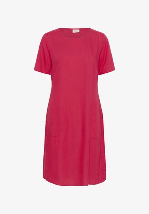 Kortærmet pink linnedragt med rund halsudskæring og to sidelommer, der falder lige over knæet og har en enkel, lige silhuet.