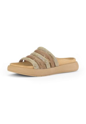 Slip-on sandal with padded sole and five glittery beige and brown horizontal straps across the top.