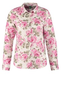 Blommig skjorta med knappar i lätt material, med rosa rosor på en krämfärgad bakgrund, långa ärmar och en klassisk kragdesign.