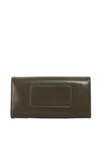 Green leather wallet with a smooth texture, rectangular shape, and a stitched rectangular patch on the front. Zipper closure along the top.