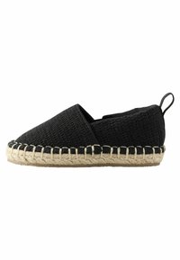 Schwarze Canvas-Espadrille mit Slip-On-Design, gewobener Textur, Juteteilung und kontrastierendem weißen Nähten entlang der Kante und am Fersenteil.