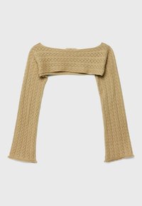 Dzianinowy top bez ramiączek w kolorze beżowym z wzorem w warkocze, z długimi, prążkowanymi rękawami i skróconym krojem. Teksturowana tkanina.