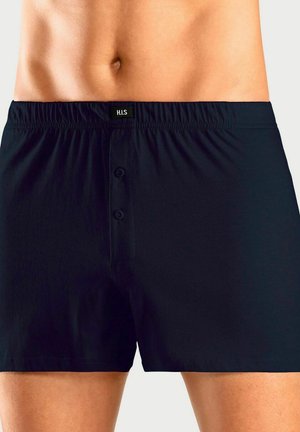 Black boxers made of smooth fabric, featuring an elastic waistband and two buttons on a front fly. No noticeable patterns or accents.
