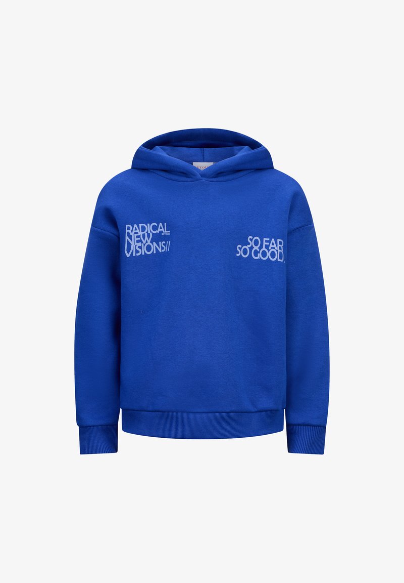 Felpa blu in morbido tessuto con testo bianco: "RADICAL NEW VISIONS II" a sinistra e "SO FAR SO GOOD" a destra. Design classico con cappuccio.