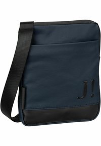 Borsa a tracolla blu navy realizzata in tessuto testurizzato, con fondo nero a contrasto, tracolla regolabile e dettaglio con logo impresso sulla parte anteriore.