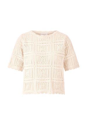 Haut à manches courtes de style crochet en ivoire. Présente un motif carré avec des détails texturés et un ourlet festonné.