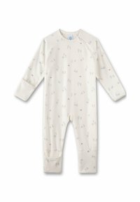Cremfarbener Baby-Body mit floralen Mustern in sanften Pastelltönen, mit langen Ärmeln, einem runden Ausschnitt und Bündchen an den Knöcheln.