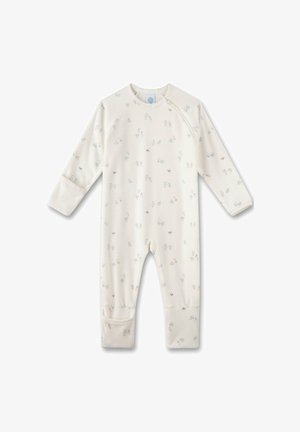 Cream-colored baby onesie with floral patterns in soft pastel shades, featuring long sleeves, a round neckline, and cuffed ankles.
