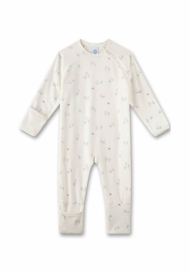 Cremfarbener Baby-Body mit floralen Mustern in sanften Pastelltönen, mit langen Ärmeln, einem runden Ausschnitt und Bündchen an den Knöcheln.