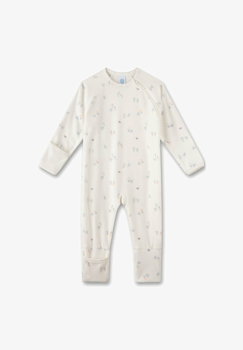 Cremfarbener Baby-Body mit floralen Mustern in sanften Pastelltönen, mit langen Ärmeln, einem runden Ausschnitt und Bündchen an den Knöcheln.