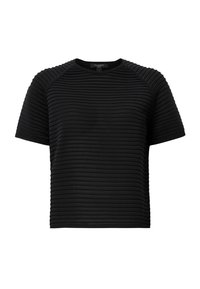 Zwarte korte mouw top met een horizontale ribbelstructuur, ronde halslijn en raglan mouwen. Gemaakt van een soepele, stretchy stof.