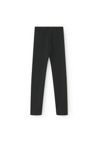 Zwarte leggings met een zachte textuur, elastische tailleband en een aansluitend ontwerp. Er zijn geen zichtbare patronen of versieringen aanwezig.