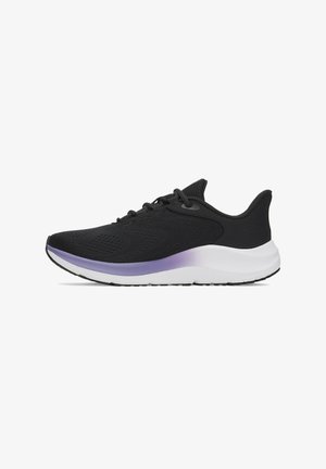 Black athletic shoes with a mesh upper, purple gradient accent on the midsole, and a white cushioned sole. Features traditional lacing.