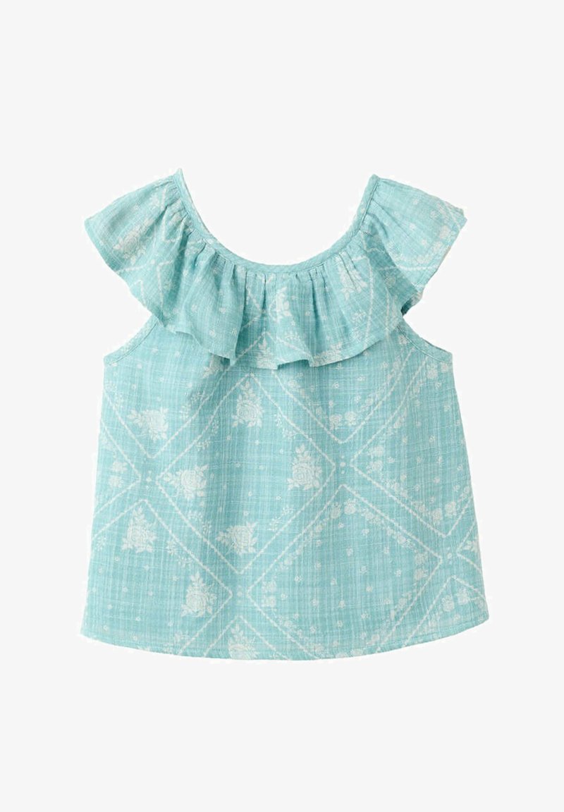Haut sans manches bleu clair pour tout-petit avec motif floral blanc en forme de losange et encolure bardot à volants.