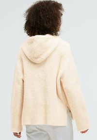 Light peach, fluffy hoodie with a relaxed fit, featuring a large hood, long sleeves, and soft textured fabric. No visible fastenings.