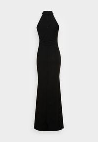 Svart halterneck-kjole med tettsittende liv og utvidet skjørt, med høy rygg og knappelukking i nakken. Jevnt, stretchy stoff.