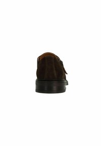 Brown suede oxford shoe with a rounded toe and black rubber sole. Features a smooth back and minimal stitching detail.