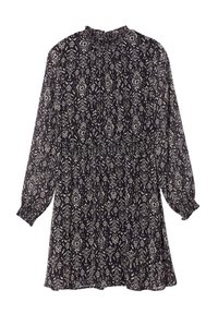 Robe noire à motifs avec des dessins floraux blancs, manches longues, encolure froncée et coupe décontractée avec taille froncée.