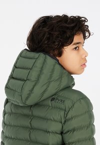 Groene puffer jack met een quilted ontwerp, voorzien van een capuchon en een logo op de schouder. Het materiaal lijkt glad en waterafstotend.