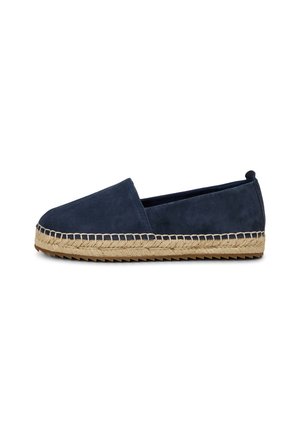 Marineblaue Espadrille zum Hereinschlüpfen mit Obermaterial aus Wildleder, geflochtener Jutemittelsohle, genähter Umrandung und profilierter Gummisohle.