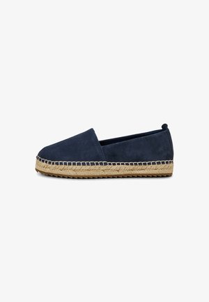 Marineblauwe instap-espadrille met een bovenwerk van suède, een gevlochten jute tussenzool, gestikte rand en een geribbelde rubberen buitenzool.