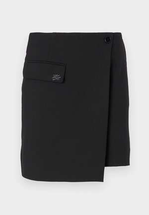 Black wrap skirt made of smooth fabric, featuring a side pocket with a button, and a subtle embroidered logo detail.