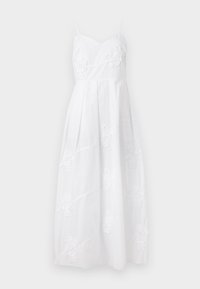 Robe longue blanche sans manches avec bretelles spaghetti et broderie florale subtile sur le corsage et la jupe.