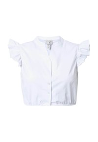 Blusa bianca cropped con colletto alla mandarina, maniche corte con ruches, chiusura frontale con bottoni e orlo elastico per una vestibilità perfetta. Tessuto in cotone liscia.