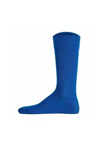 Calzino blu in cotone con un bordo a coste, texture liscia, design fino al ginocchio e punta senza cuciture.