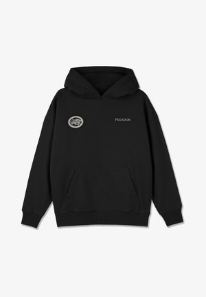 Crni dukserica s kapuljačom s velikim prednjim džepom, rebrastim manžetama i donjim rubom, s kružnim logotipom na prsima i ispisom "PEGADOR" na prednjem dijelu.