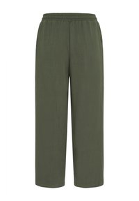 Pantalons larges en vert olive avec une texture lisse. Équipés d'une taille élastique et sans détails ni motifs visibles.