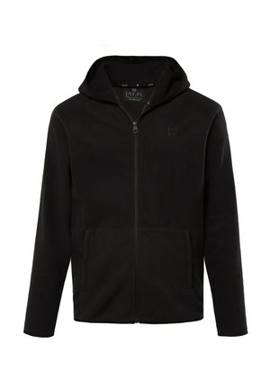 Black zip-up hoodie with a hood, made of a soft fabric, featuring raglan sleeves, front pockets, and a subtle logo on the chest.