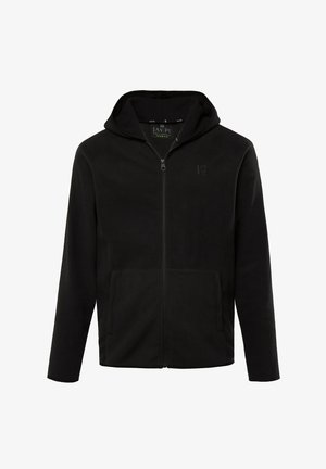 Black zip-up hoodie with a hood, made of a soft fabric, featuring raglan sleeves, front pockets, and a subtle logo on the chest.
