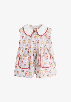 Bezrukávový fialový detský overal s bielym Peter Pan golierom, červeným lemom, hnedými gombíkmi, prednými vreckami a hravým potlačou mačky a húb.