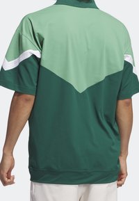 Henkilö, jolla on yllään löysä lyhythihainen polo-paita, jossa on tumman ja vaalean vihreät paneelit sekä valkoiset viistoviivat hihoissa.