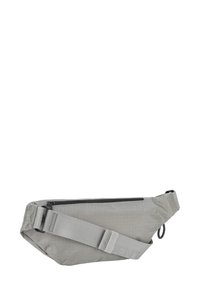Borsa in tessuto grigia a vita con design diagonale, dotata di una cerniera nera, tracolla regolabile e superficie testurizzata con motivo a griglia.