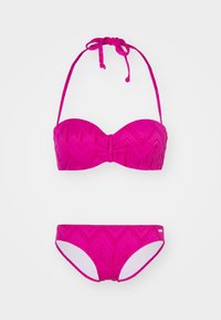 Two-piece bikini set in vibrant pink, featuring a textured chevron pattern. The top has a bandeau design with adjustable halter straps and the bottom is a classic cut.