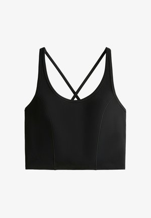 Czarny sportowy top na odkryte brzuch z gładkiego, elastycznego materiału, z szerokimi ramiączkami krzyżującymi się na plecach oraz delikatnymi szwami podkreślającymi sylwetkę.