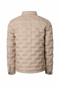 Beige, quiltet pufferjakke med krave. Har lange ærmer, knapmanchetter og en tekstureret, polstret overflade.