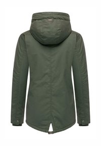 Khaki green parka jacket with a hood, long sleeves, and a split back vent; features snap button accents and a smooth texture.