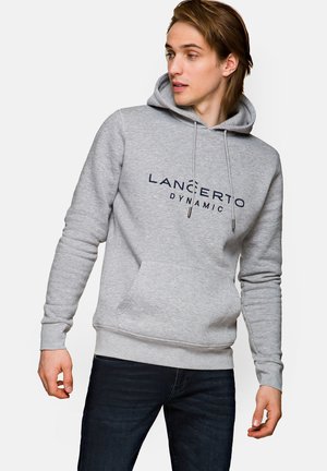 Szary hoodie z granatowym nadrukiem "LANCERTO DYNAMIC", z kapturem na sznurki, przednią kieszenią oraz ściągaczami przy mankietach i dolnym brzegu.