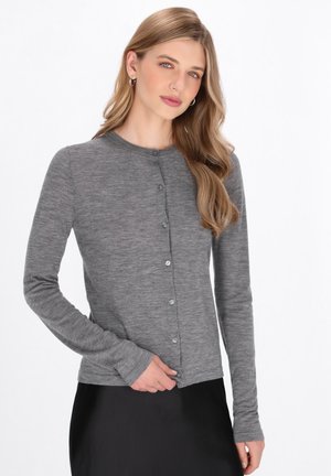 Grijze lange mouwen cardigan van zacht, textuurstof met een ronde halslijn en knoopsluiting aan de voorkant.