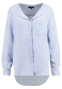 Ljusblå långärmad skjorta i mjukt tyg, med krage, knäppning framtill och en enda bröstficka med en rundad fåll.