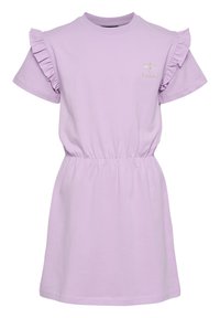 Lila Kurzarmkleid aus weichem Stoff. Mit Rüschenträgern und elastischem Taillengummi. Kleines gesticktes Logo auf der Brust.