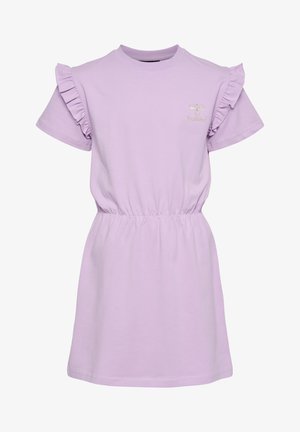 Liliowy krótki rękaw sukienka wykonana z miękkiego materiału. Posiada falbaniaste rękawy i elastyczny pas. Mały haftowany logo na piersi.