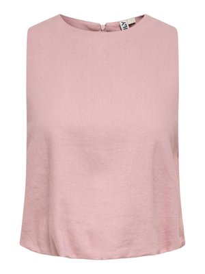Ærmeløs, lyserød bluse med rund halsudskæring og lynlåslukning bagpå, lavet af glat, let stof.