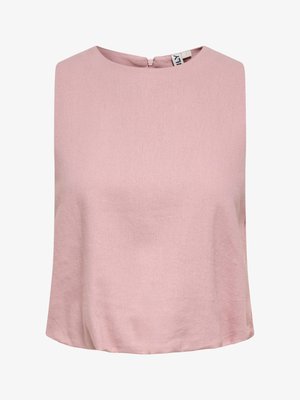 Mouwloze lichtroze blouse met een ronde halslijn en een ritssluiting aan de achterkant, gemaakt van glad, lichtgewicht stof.