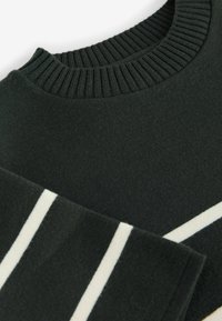 Dunkelgrüner gestrickter Pullover mit einem gerippten Rundhalsausschnitt und weißen horizontalen Streifen an den Ärmeln. Weiche Textur und taillierte Passform.