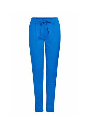 Blue jogger pants made of soft fabric, featuring an elastic waistband with a drawstring, two front pockets, and a tapered leg design.