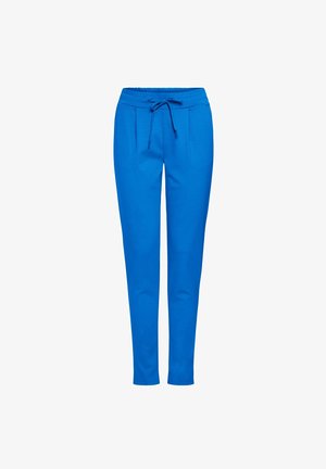 Sinised jogger-vooderdatud püksid pehmest kangast, millel on elastne vöökoht ja nöör, kaks esikotti ja kitsenev jalgade kujundus.